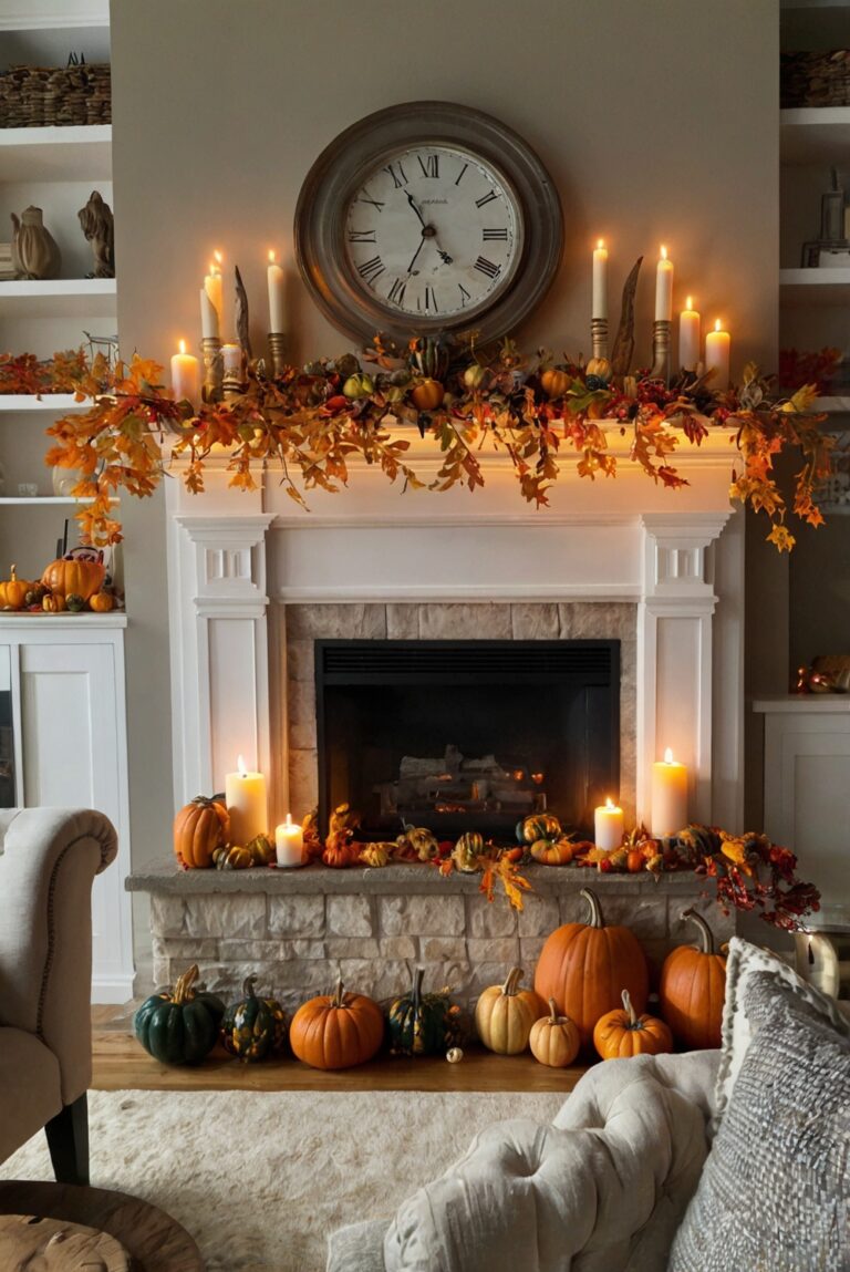 Fall fireplace decor, Autumn mantel decorations, Cozy fireplace design, Elegant fall mantel, Seasonal mantel styling