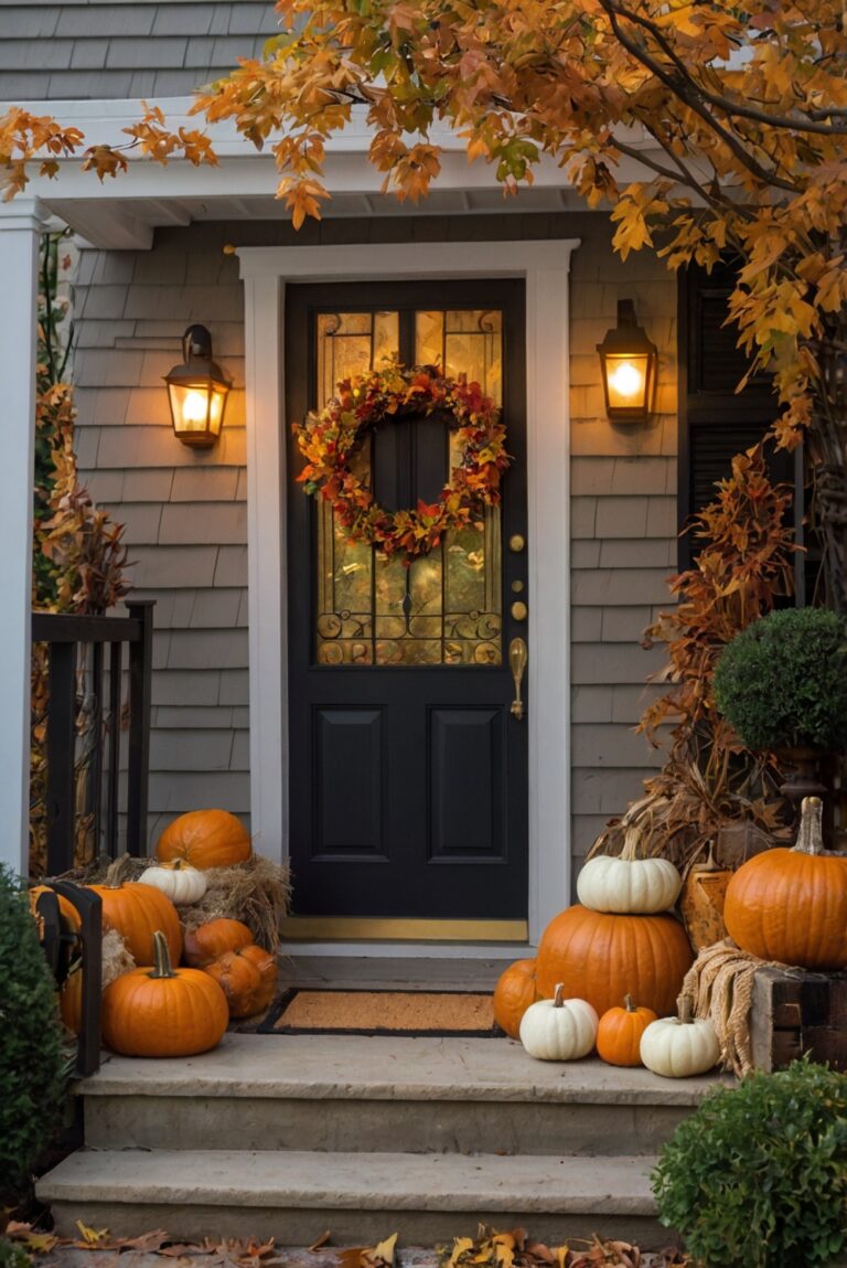 Fall porch decor, Outdoor fall decorating ideas, Autumn front porch, Seasonal porch decorations, Fall porch design