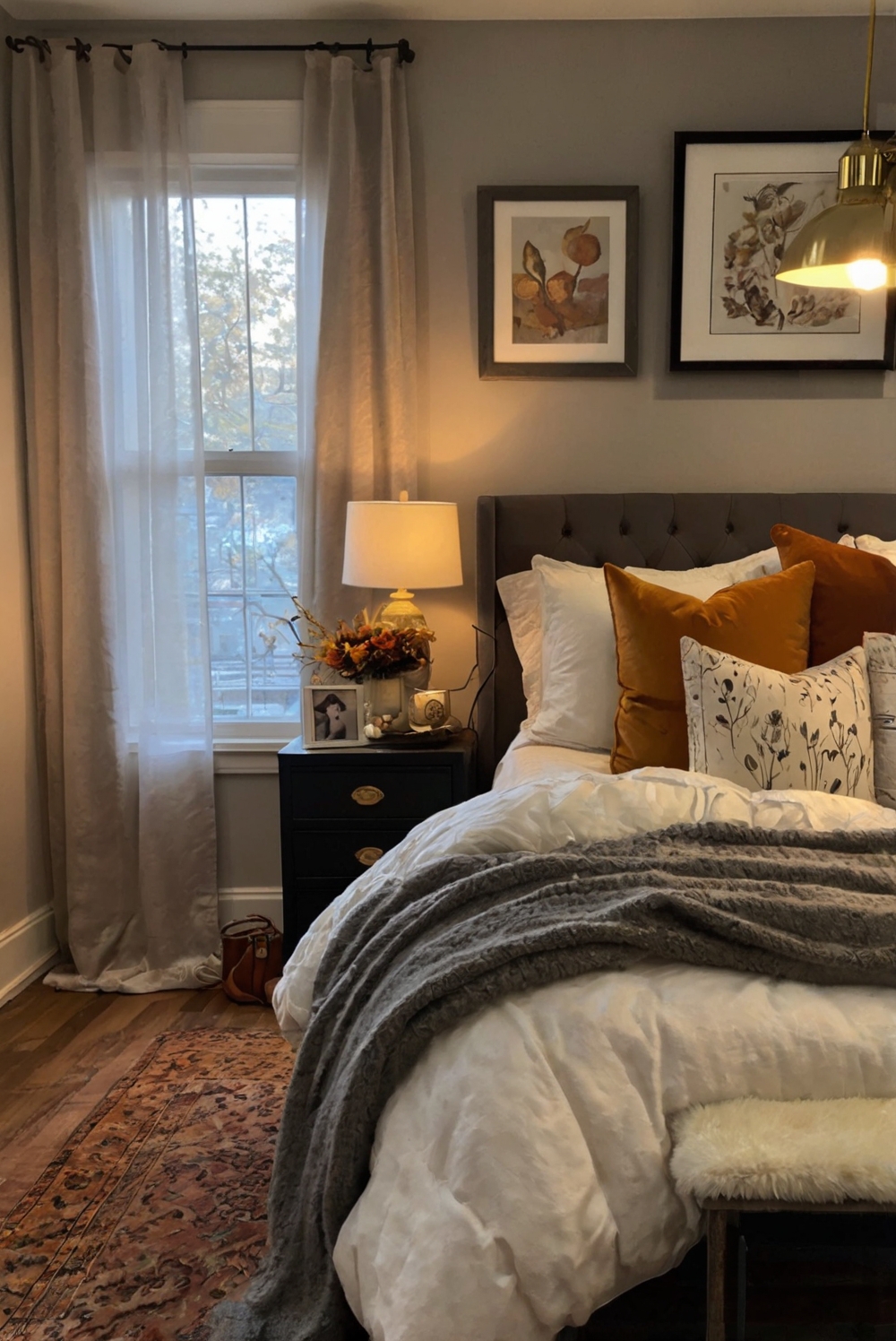 Cozy bedroom decor, Fall home accents, Bedroom makeover ideas, Warm bedding essentials, Stylish bedroom accessories