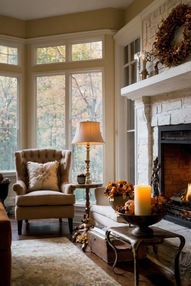 Fall mantel decor, cozy fireplace decorations, autumn home design, elegant mantel ideas, stylish fireplace accessories