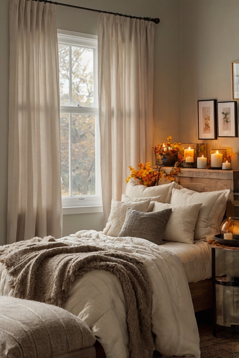 Fall room decor, cozy autumn home, seasonal interior design, autumn themed bedroom, fall-inspired living room