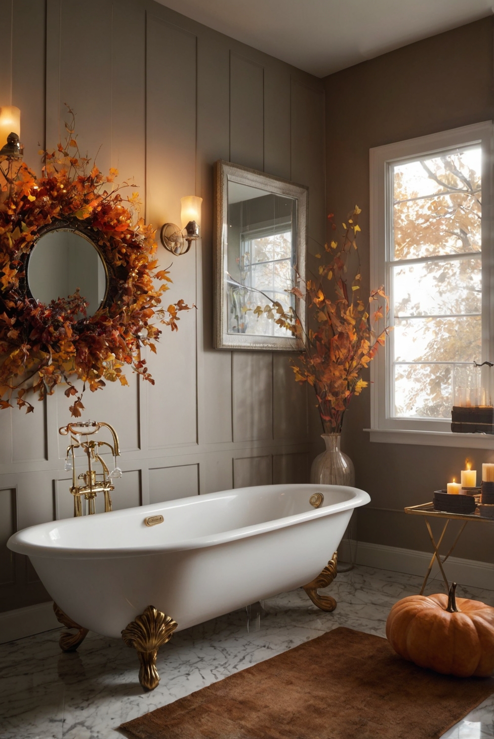 fall bathroom decor, autumn themed bathroom, luxury bathroom accessories, elegant bathroom design, seasonal bathroom makeover