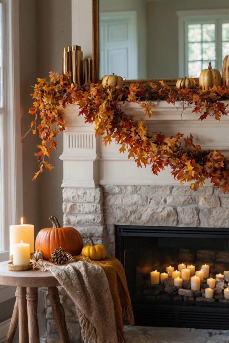 Fall fireplace decor, Fall mantel decorations, Autumn mantel ideas, Cozy fall home decor, Rustic fall mantle display