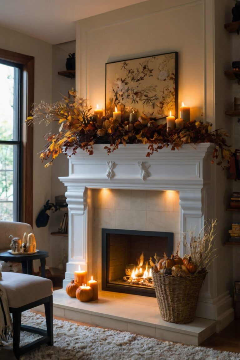 fireplace decorating ideas, cozy fireplace decor, stylish fireplace accessories, fall fireplace mantel decor, modern fireplace design